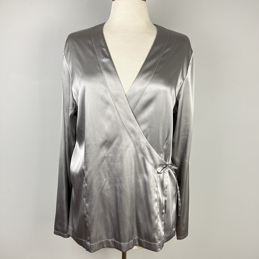 Chico's Satin Wrap Top Blouse Size 2 Womens L/12 Silver Gray Long Sleeve
